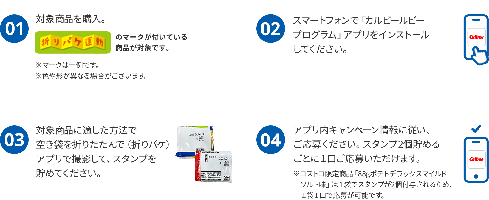 ①対象商品を購入②スマートフォンで「カルビールビープログラム」アプリをインストールしてください。③対象商品に適した方法で空き袋を折りたたんで（折りパケ）アプリで撮影して、スタンプを貯めてください。④アプリ内キャンペーン情報に従い、ご応募ください。スタンプ2個貯めるごとに１口ご応募いただけます。