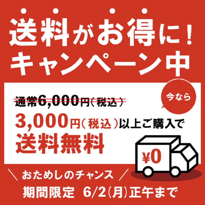  送料がお得に！キャンペーン中　今なら通常税込み6000円が税込み3000円以上ご購入で送料無料　おためしチャンス　期間限定6月2日月曜日正午まで