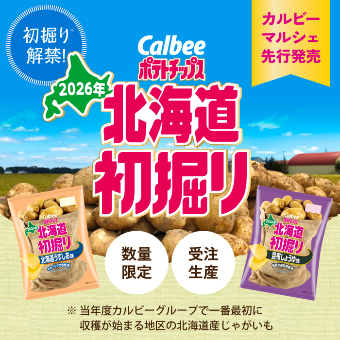初掘り※解禁！カルビーマルシェ先行発売カルビーポテトチップス2026年北海道初掘り、数量限定受注生産、※当年度カルビーグループで一番最初に収穫が始まる地区の北海道産じゃがいも