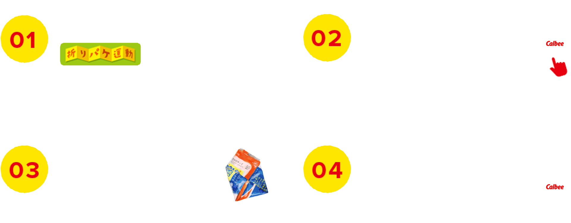 1.対象商品を購入。折りパケ運動のマークが付いている商品が対象です。※マークは一例です。※色や形が異なる場合がございます。2.スマートフォンで「カルビールビープログラム」アプリをインストールしてください。3.対象商品に適した方法で折りたたんで（折りパケ）アプリで撮影して、ルビーを貯めてください。4.アプリ内キャンペーン情報に従い、ご応募ください。20ルビー貯めるごとに１口ご応募いただけます。