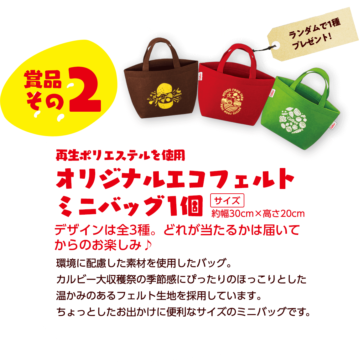 景品その2 再生ポリエステルを使用 オリジナルエコフェルトミニバッグ1個 デザインは全3種。どれが当たるかは届いてからのお楽しみ♫ 環境に配慮した素材を使用したバッグ。カルビー大収穫祭の季節感にぴったりのほっこりとした温かみのあるフェルト生地を採用しています。ちょっとしたお出かけに便利なサイズのミニバッグです。