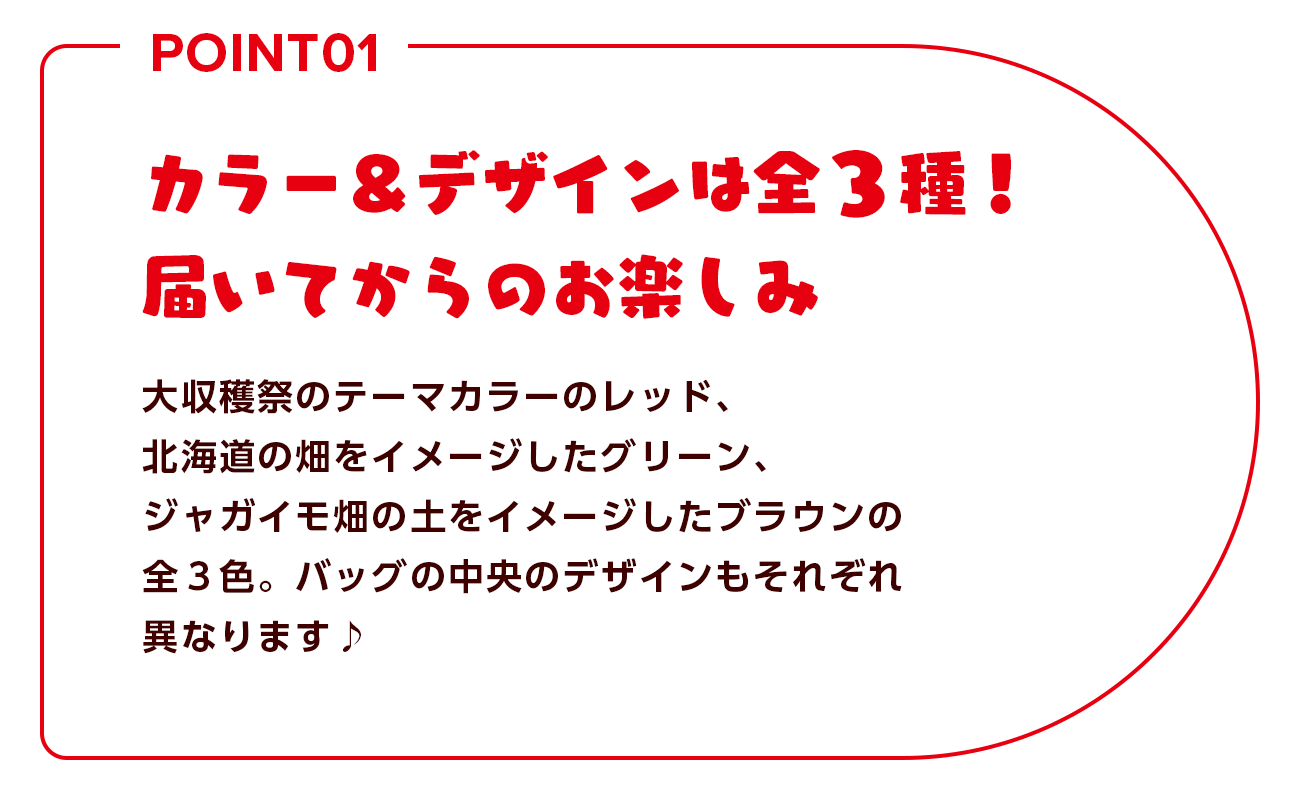 カラー＆デザインは全3種！届いてからのお楽しみ 大収穫祭のテーマカラーのレッド、北海道の畑をイメージしたグリーン、ジャガイモ畑の土をイメージしたブラウンの全3種。バッグの中央のデザインもそれぞれ異なります♫