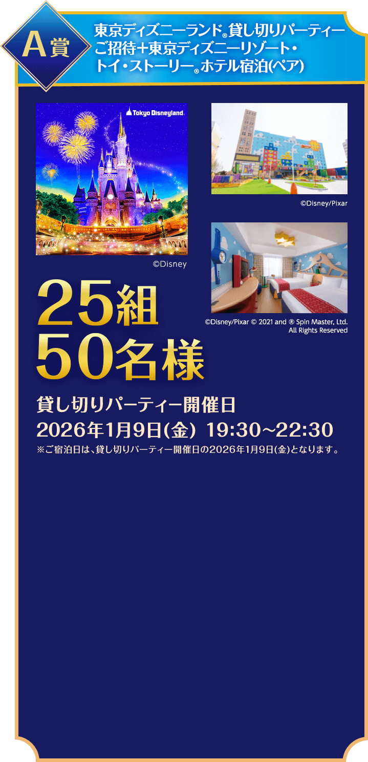 A賞/東京ディズニーランド®️貸し切りパーティーご招待＋東京ディズニーリゾート・トイ・ストーリー®️ホテル宿泊(ペア)/25組50名様/貸し切りパーティー開催日2026年1月9日(金)19:30~22:30※ご宿泊日は、貸し切りパーティー開催日の2026年1月9日(金)となります。