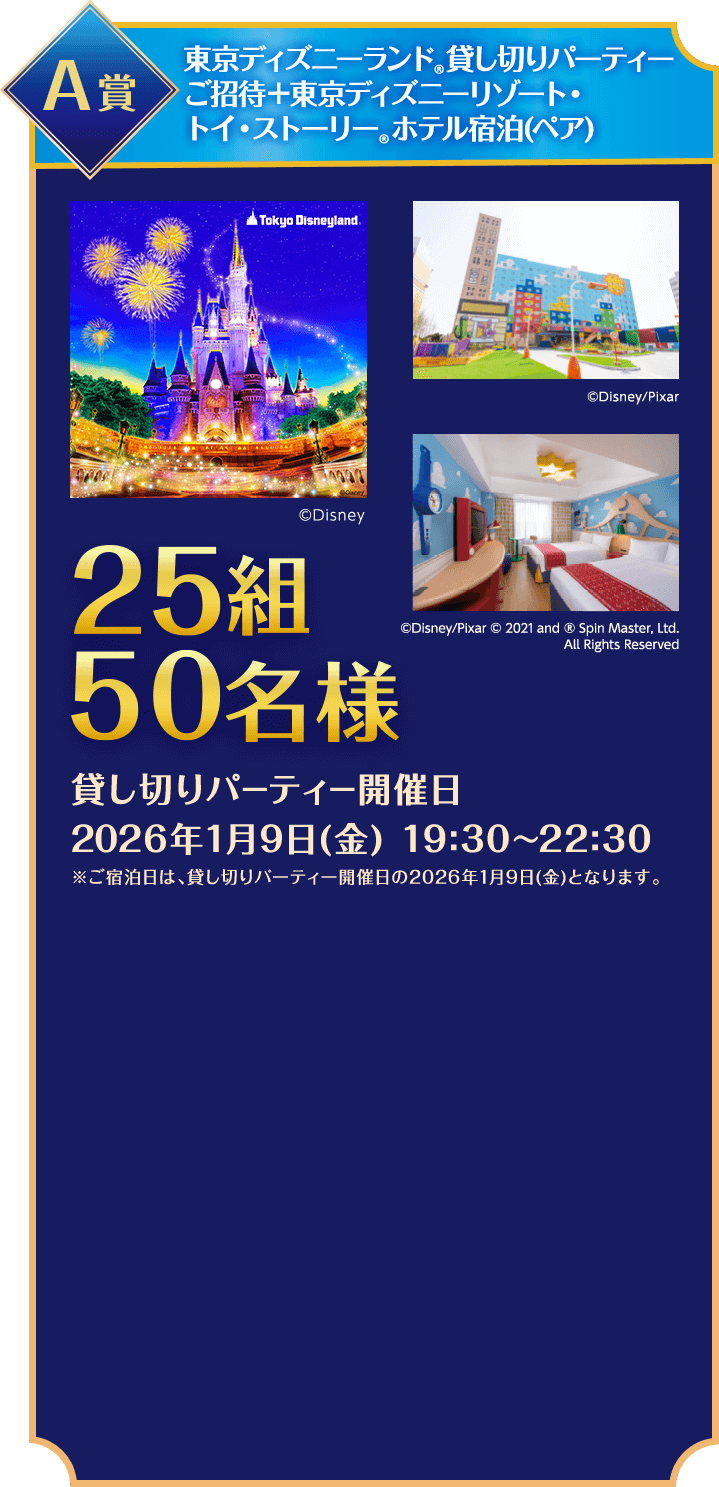 A賞/東京ディズニーシー®️貸し切りパーティーご招待/5,000組10,000名様/貸し切りパーティー開催日2024年9月27日(金)19:30~22:30