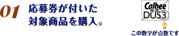 応募券が付いた対象商品を購入。/この数字が点数です