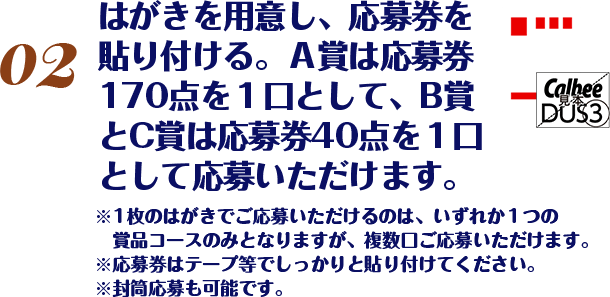 はがきを用意し、応募券を貼り付ける。Ａ賞は応募券170点を１口として、B賞とC賞は応募券40点を１口として応募いただけます。※1枚のはがきでご応募いただけるのは、いずれか1つの賞品コースのみとなりますが、複数口ご応募いただけます。※応募券はテープ等でしっかりと貼り付けてください。※封筒応募も可能です。