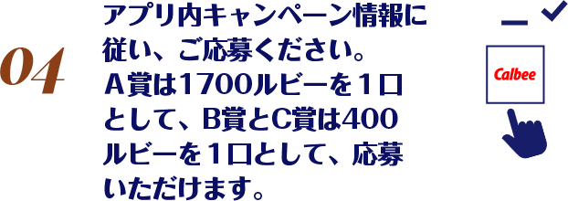 アプリ内キャンペーン情報に従い、ご応募ください。Ａ賞は1700ルビーを１口として、B賞とC賞は400ルビーを１口として、応募いただけます。