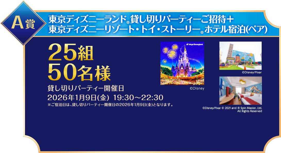 A賞/東京ディズニーシー®️貸し切りパーティーご招待/5,000組10,000名様/貸し切りパーティー開催日2024年9月27日(金)19:30~22:30