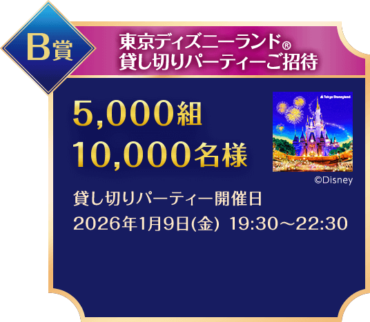 B賞/東京ディズニーランド®️貸し切りパーティーご招待/5,000組10,000名様/貸し切りパーティー開催日2026年1月9日(金)19:30~22:30