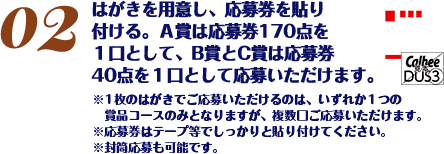 はがきを用意し、応募券を貼り付ける。Ａ賞は応募券170点を１口として、B賞とC賞は応募券40点を１口として応募いただけます。※1枚のはがきでご応募いただけるのは、いずれか1つの賞品コースのみとなりますが、複数口ご応募いただけます。※応募券はテープ等でしっかりと貼り付けてください。※封筒応募も可能です。