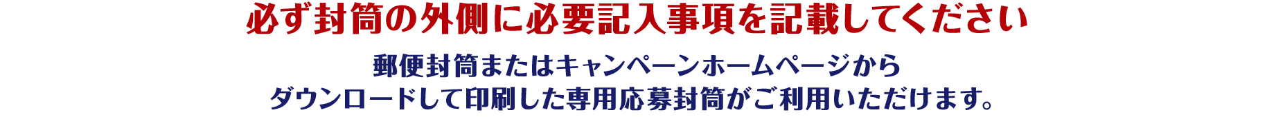 必ず封筒の外側に必要記入事項を記載してください郵便封筒またはキャンペーンホームページからダウンロードして印刷した専用応募封筒がご利用いただけます。