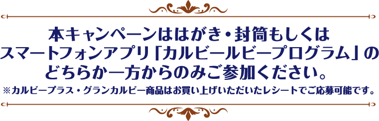 本キャンペーンははがき・封筒もしくはスマートフォンアプリ「カルビールビープログラム」のどちらか一方からのみご参加ください。※カルビープラス・グランカルビー商品はお買い上げいただいたレシートでご応募可能です。