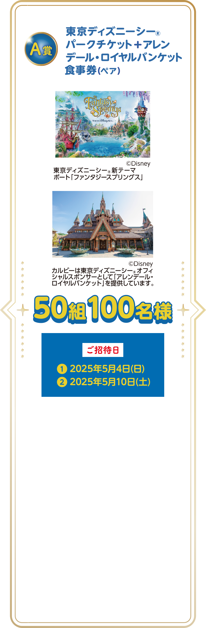 A賞 東京ディズニーシー®︎パークチケット+アレンデール・ロイヤルバンケット食事券(ペア)/50組100名様/ご招待日❶2025年5月4日(日)、❷2025年5月10日(土)