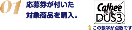 応募券が付いた対象商品を購入。/この数字が点数です