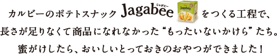 カルビーポテトスナックJagabeeをつくる工程で、長さが足りなくて商品になれなかった”もったいないかけら”たち。蜜がけしたら、おいしいとっておきのおやつができました！