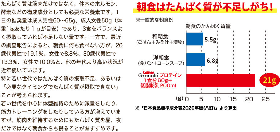 たんぱく質は筋肉だけでなく、体内のホルモン、酵素などの構成成分としても必要な栄養素です。1日の推奨量は男性60g、女性50g（体重1㎏あたり1gが目安）であり、3食をバランスよく摂取していれば不足しない量です。一方で、最近の調査報告によると、朝食欠食率は、20歳代男性が30.6％、女性が23.6％、30歳代男性が23.3％、女性が15.1％と、他の年代より高い状況が近年続いています。特に若い世代ではたんぱく質の摂取不足、あるいは「必要なタイミングでたんぱく質が摂取できない」ことが考えられます。若い世代を中心に体型維持のために減量をしたり、筋力トレーニングをしたりしている方も増えていますが、筋肉を維持するためにもたんぱく質を昼、夜だけでなく朝食からも摂ることがおススメです。