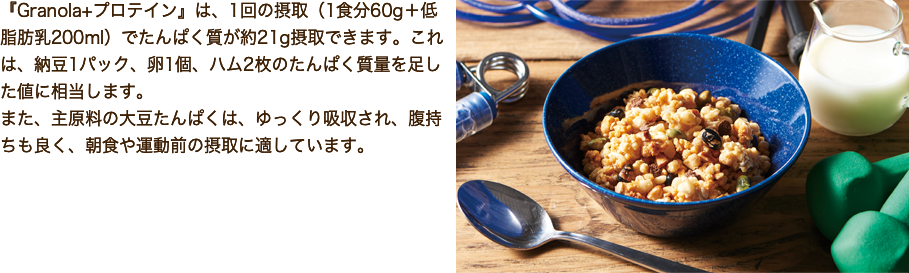 『Granola+ プロテインin』は、1回の摂取（1食分60?＋低脂肪乳200ml）でたんぱく質が約20?摂取できます。これは、納豆1パック、卵1個、ハム2枚に相当する量です。また、主原料の大豆たんぱくは、ゆっくり吸収されるため、腹持ちもよく、朝食や運動前の摂取に適しています。参考:平成29年国民健康・栄養調査報告