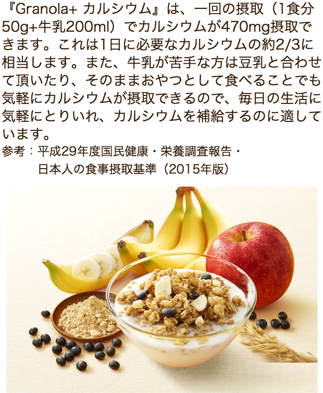 『Granola+ カルシウム』は、一回の摂取（1食分50g+牛乳200ml）でカルシウムが470mg摂取できます。これは1日に必要なカルシウムの約2/3に相当します。また、牛乳が苦手な方は豆乳と合わせて頂いたり、そのままおやつとして食べることでも気軽にカルシウムが摂取できるので、毎日の生活に気軽にとりいれ、カルシウムを補給するのに適しています。参考：平成29年度国民健康・栄養調査報告