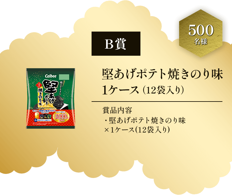 B賞 500名様 堅あげポテト焼きのり味1ケース(12袋入り) 賞品内容 ・堅あげポテト焼きのり味×1ケース(12袋入り)