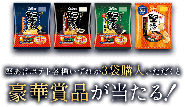 堅あげポテト各種いずれか3袋購入いただくと豪華賞品が当たる！
