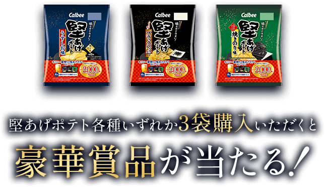 堅あげポテト各種いずれか3袋購入いただくと豪華賞品が当たる！