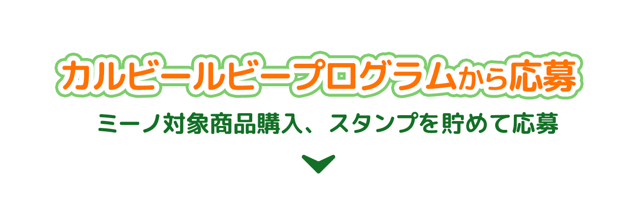500名様 カルビールビープログラムから応募 ミーノ対象商品購入、スタンプを貯めて応募