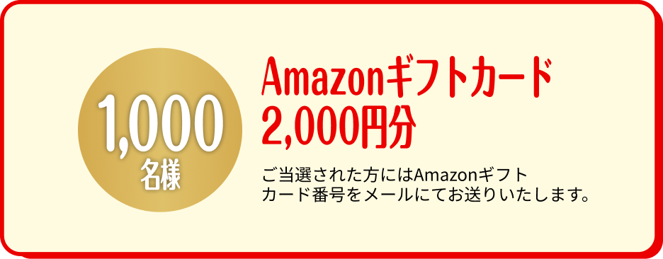 B賞　1,000名様　Amazonギフトカード2,000円分　ご当選された方にはAmazonギフトカード番号をメールにてお送りいたします。
