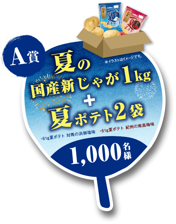 A賞 夏の国産新じゃが1kg+夏ポテト2袋 ・ 61g夏ポテト 対馬の浜御塩味 ・ 61g夏ポテト 紀州の南高梅味 1,000名様 ※イラストはイメージです。