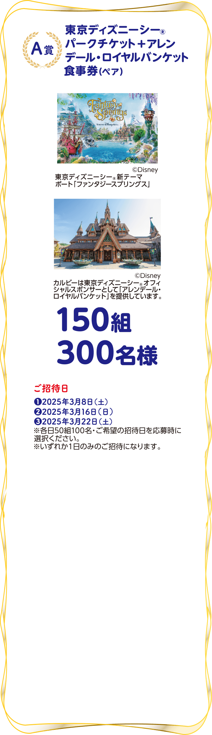 東京ディズニーシー®️パークチケット+アレンデール・ロイヤルバンケット食事券(ペア)/150組300名様/ご招待日❶2025年3月8日(土)、❷2025年3月16日(日)、❸2025年3月22日(土)