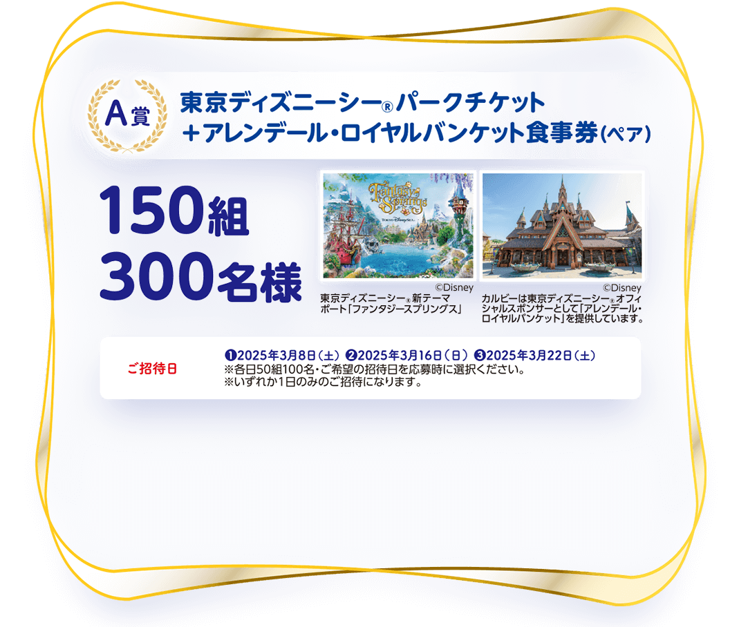 東京ディズニーシー®️パークチケット+アレンデール・ロイヤルバンケット食事券(ペア)/150組300名様/ご招待日❶2025年3月8日(土)、❷2025年3月16日(日)、❸2025年3月22日(土)