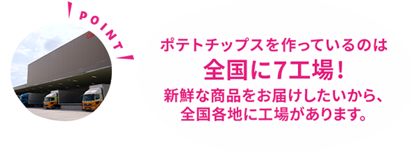 ポテトチップスを作っているのは全国に7工場!新鮮な商品をお届けしたいから、全国各地に工場があります。