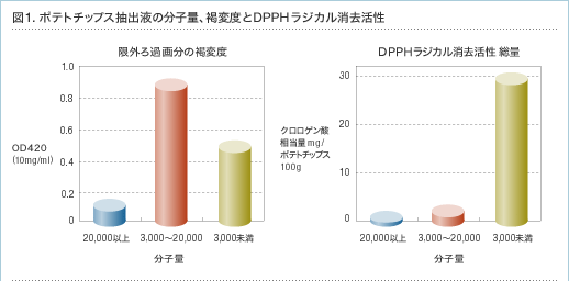 図1.ポテトチップス抽出液の分子量、褐変度とDPPHラジカル消去活性