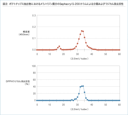 図2.ポテトチップス抽出物におけるメラノイジン画分のSephacryl S-200カラムによる分画およびラジカル消去活性