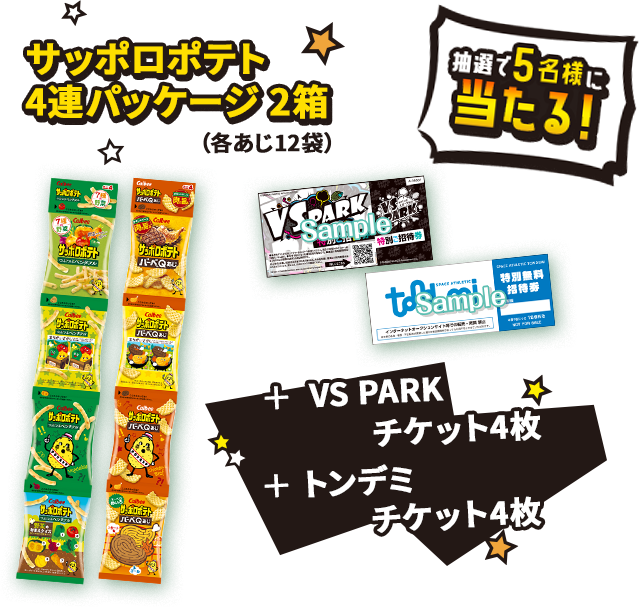 抽選で5名様に当たる！サッポロポテト 4連パッケージ 2箱（各あじ12袋） ＋VS PARKチケット4枚 ＋トンデミチケット4枚