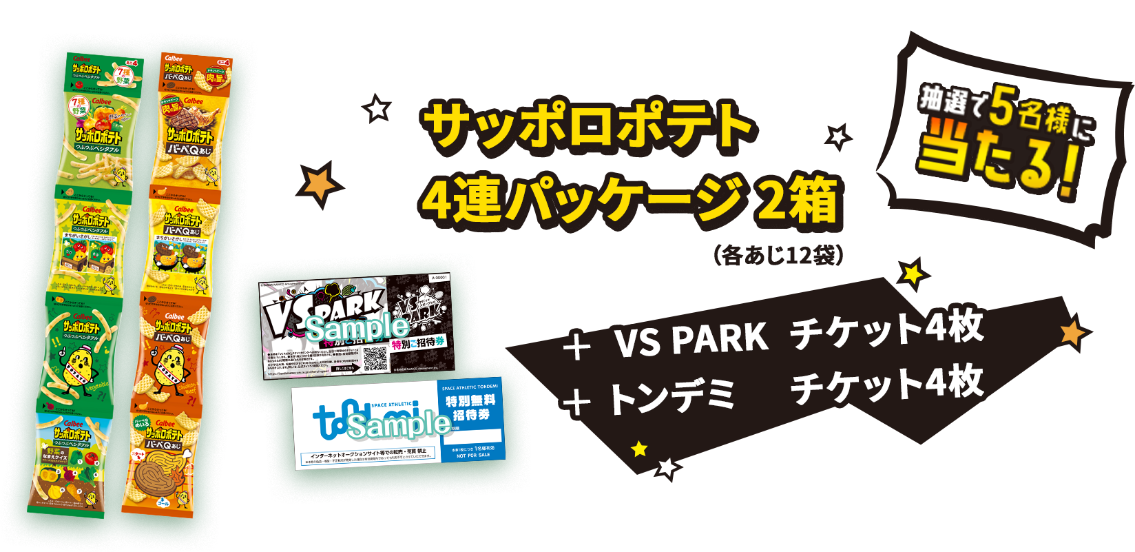 抽選で5名様に当たる！サッポロポテト 4連パッケージ 2箱（各あじ12袋） ＋VS PARKチケット4枚 ＋トンデミチケット4枚