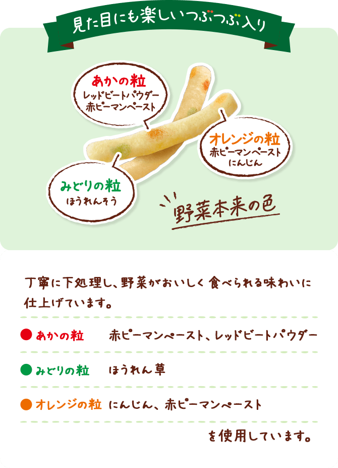 見た目にも楽しいつぶつぶ入り あかの粒レッドピートパウダー赤ピーマンペースト オレンジの粒赤ピーマンペーストにんじん みどりの粒ほうれんそう 野菜本来の色 見た目にも楽しい3色の野菜のつぶつぶ入り 丁寧に下処理し、野菜がおいしく食べられる味わいに仕上げています。 あかの粒:赤ピーマンぺースト、レッドビートパウダー みどりの粒:ほうれん草 オレンジの粒:にんじん、赤ピーマンぺーストを使用しています。