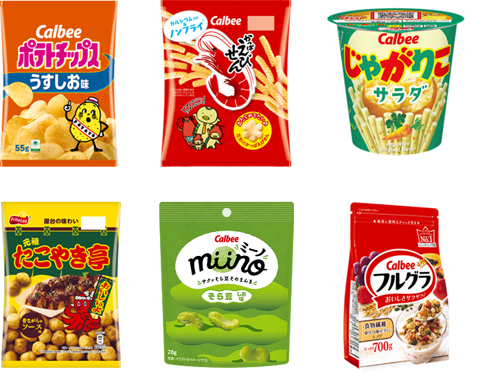 ポテトチップス、かっぱえびせん、じゃがりこ、たこやき亭、miino、フルグラ