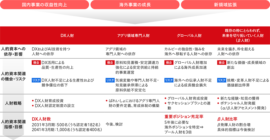 DX人財、アグリ領域専門人財、グローバル人財、β人財について、事業戦略との関係、人財関連の機会・リスク、人財戦略および指標・目標を整理した図
