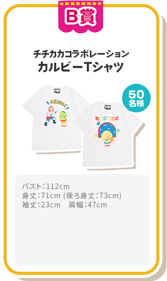 B賞 チチカカコラボレーション カルビーTシャツ 50名様 バスト：112cm
							身丈：71cm 
							(後ろ身丈：73cm)
							袖丈：23cm　
							肩幅：47cm