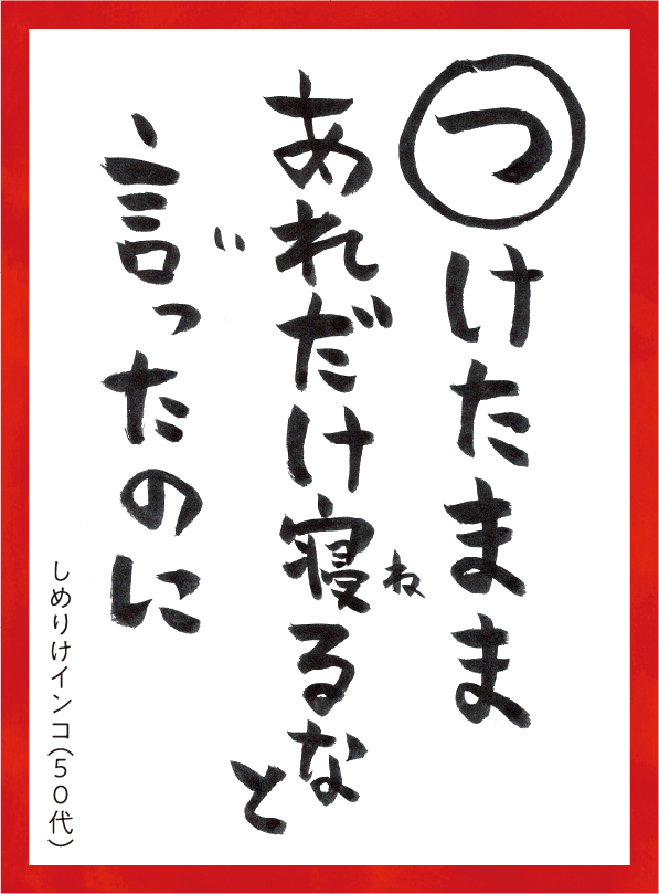 つけたままあれだけねるなといったのに。しめりけインコ50代 読み札